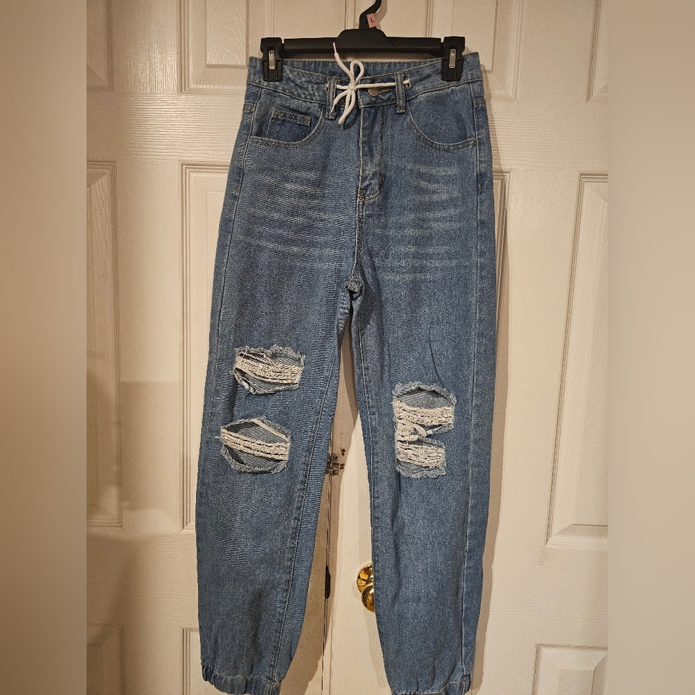 SHEIN Women's Relaxed Blue Ripped Joggers Xs
